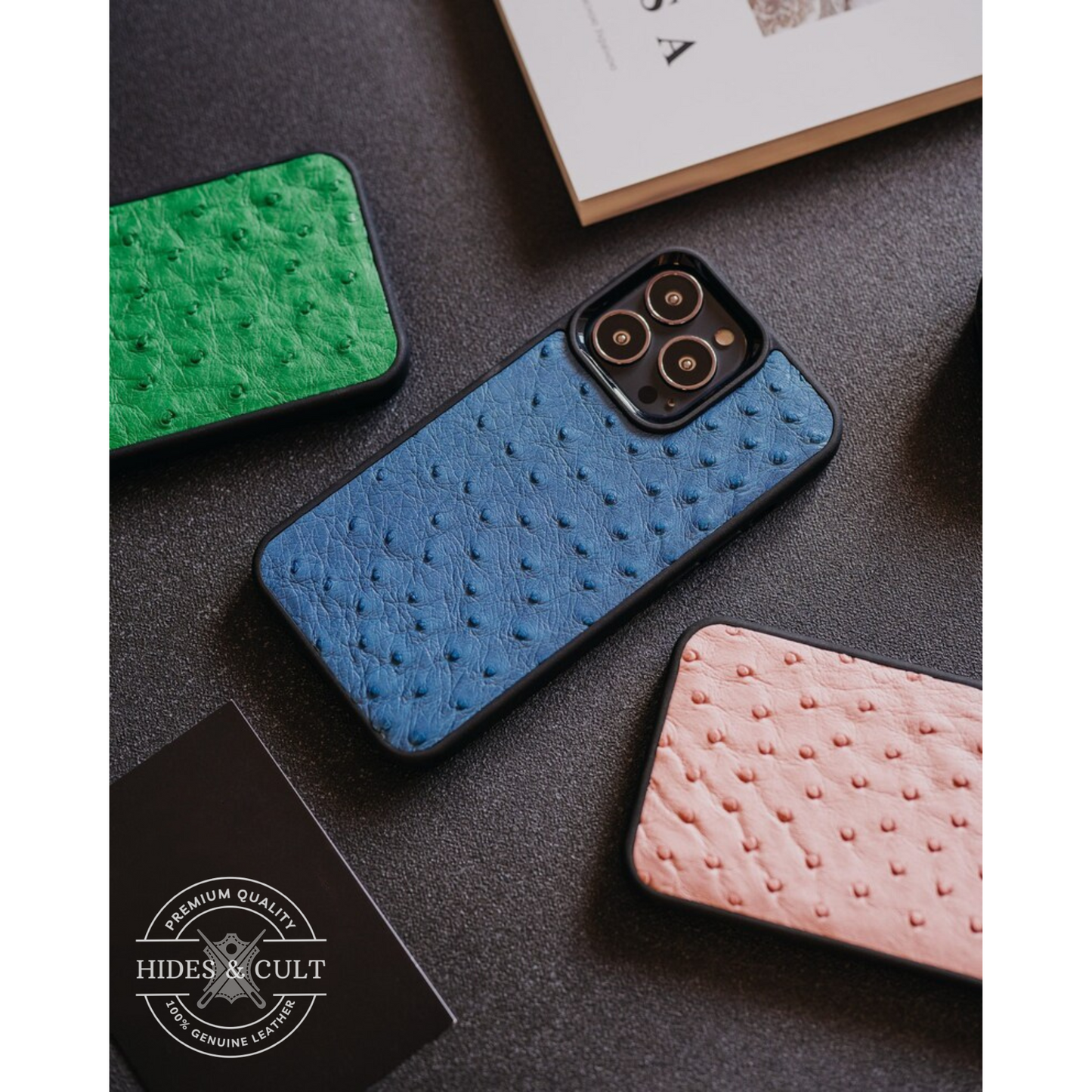 Luxury Blue Ostrich Print Shockproof Genuine Leather Iphone Case