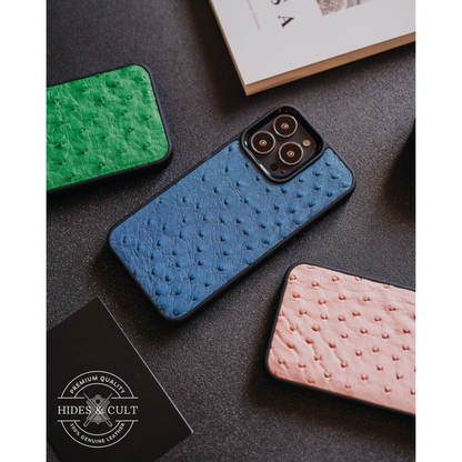 Luxury Blue Ostrich Print Shockproof Genuine Leather Iphone Case