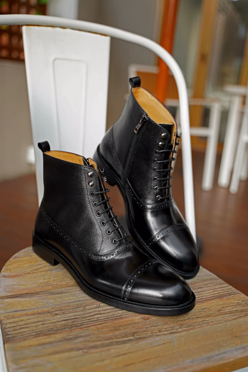 Black Lace Up Side Zip Military Style Leather Combat Boots | Hides&Cult
