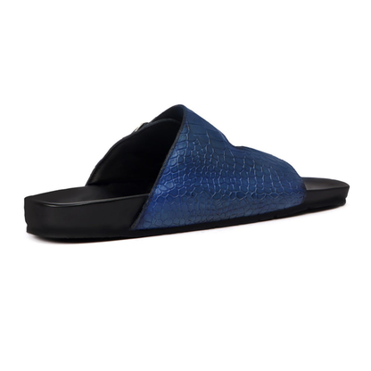 Boston Two Strap Adjustable Slippers in Royal Blue Croco Deep Cut Leather Men's | Hides&Cult