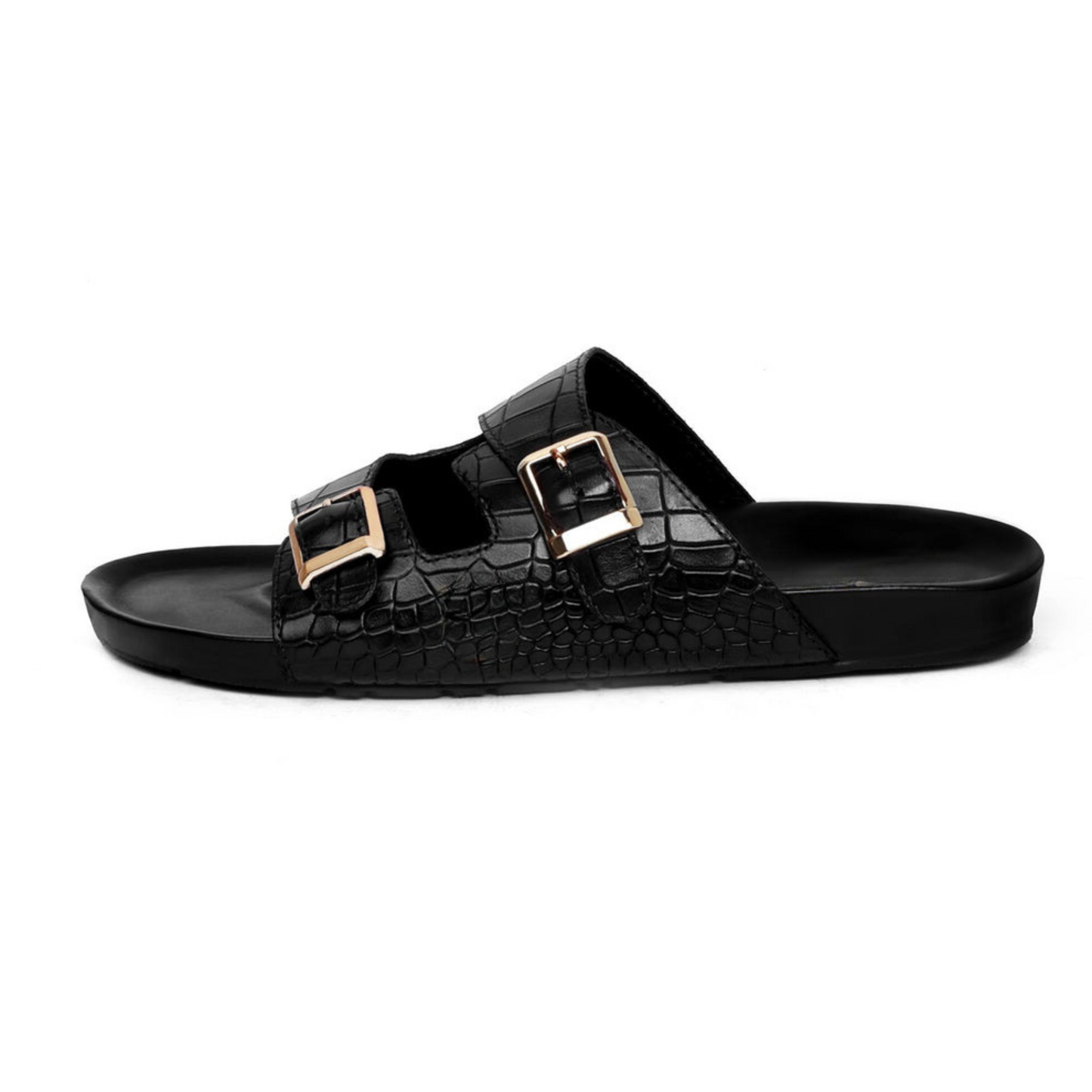 Boston Two Strap Adjustable Slippers in Black Croco Deep Cut Leather Men's | Hides&Cult