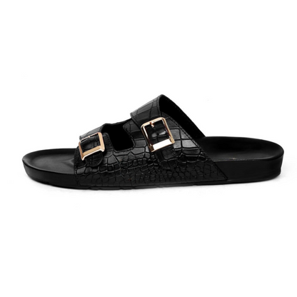 Boston Two Strap Adjustable Slippers in Black Croco Deep Cut Leather Men's | Hides&Cult