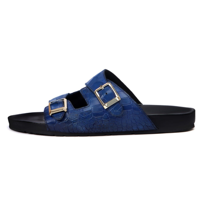 Boston Two Strap Adjustable Slippers in Royal Blue Croco Deep Cut Leather Men's | Hides&Cult
