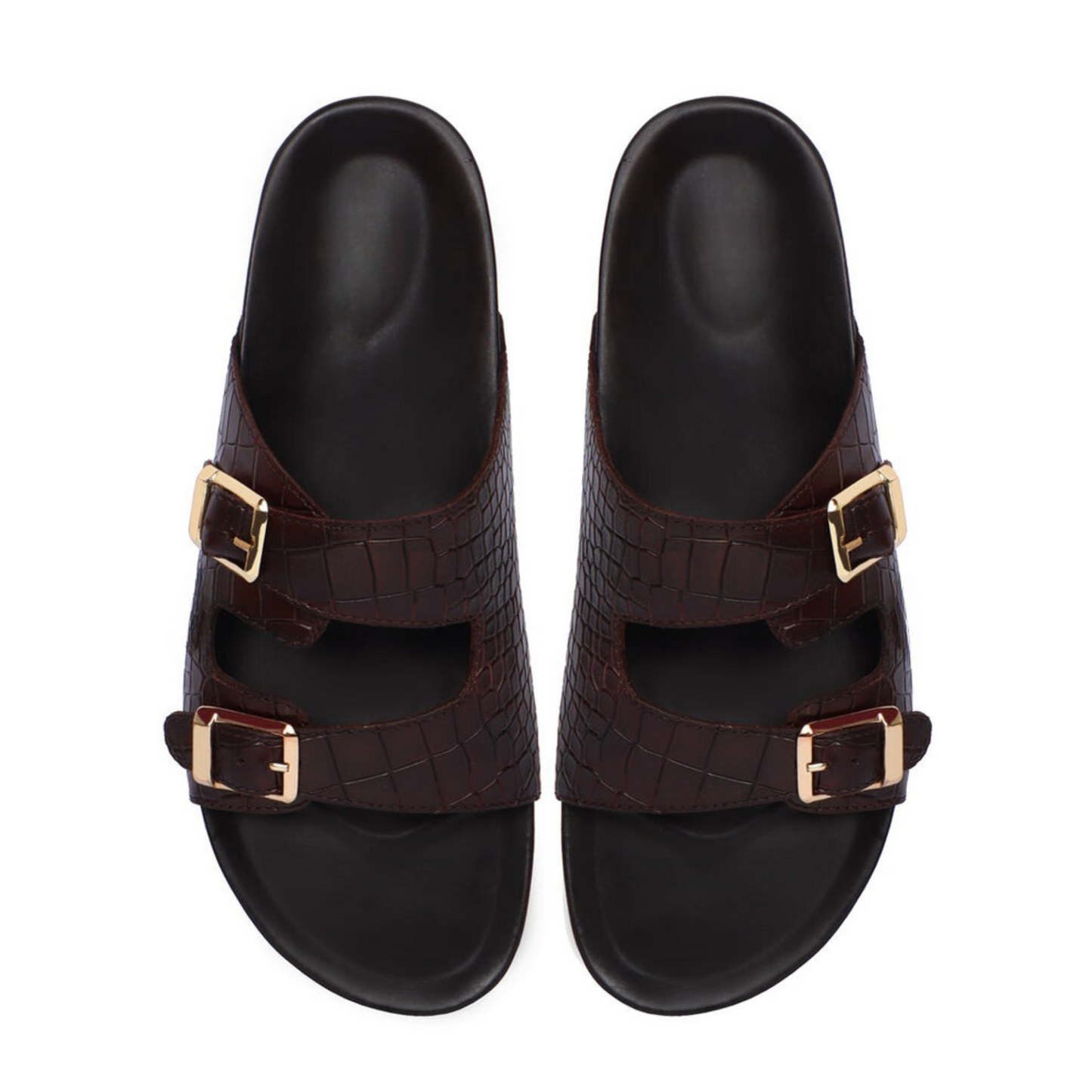 Boston Two Strap Adjustable Slippers in Rich Brown Croco Deep Cut Leather Men's | Hides&Cult