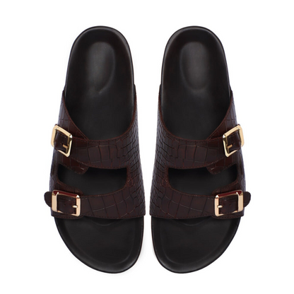 Boston Two Strap Adjustable Slippers in Rich Brown Croco Deep Cut Leather Men's | Hides&Cult