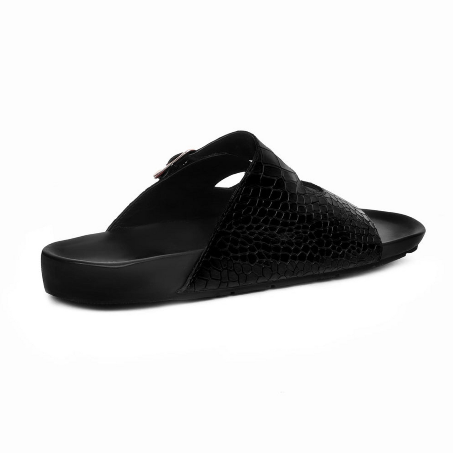 Boston Two Strap Adjustable Slippers in Black Croco Deep Cut Leather Men's | Hides&Cult