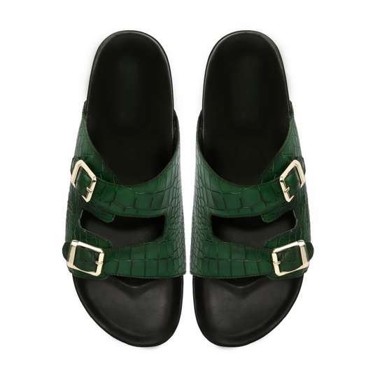 Boston Two Strap Adjustable Slippers in Cactus Green Croco Deep Cut Leather Men's | Hides&Cult