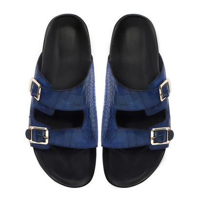 Boston Two Strap Adjustable Slippers in Royal Blue Croco Deep Cut Leather Men's | Hides&Cult