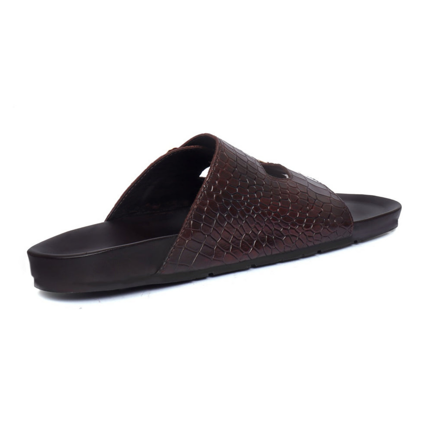 Boston Two Strap Adjustable Slippers in Rich Brown Croco Deep Cut Leather Men's | Hides&Cult