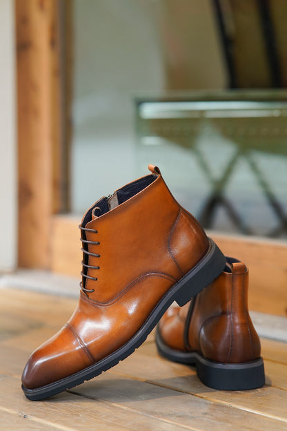Tan Brown Mock Toe Side Zip Lace Up British Retro Style Leather Boots | Hides&Cult