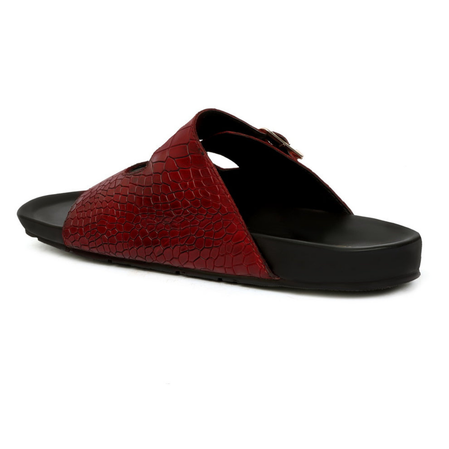 Boston Two Strap Adjustable Slippers in Dark Red Croco Deep Cut Leather Men's | Hides&Cult