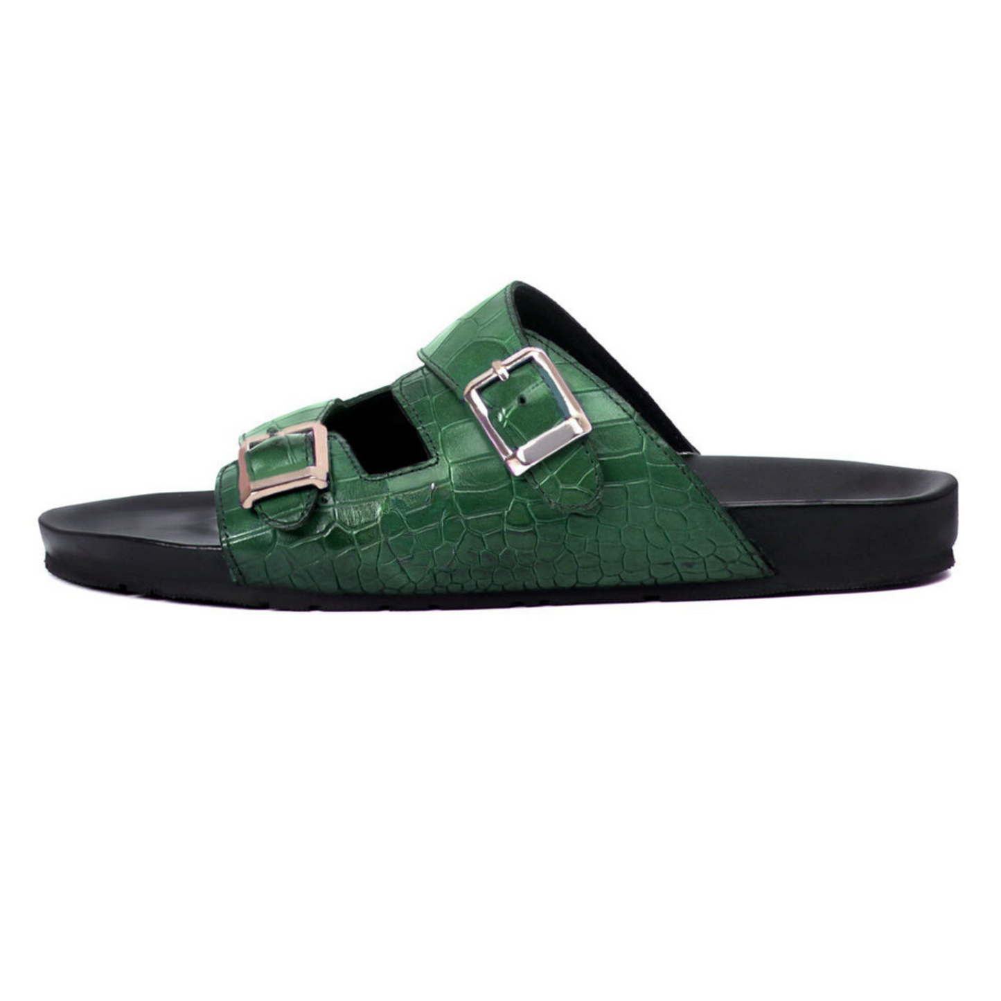 Boston Two Strap Adjustable Slippers in Cactus Green Croco Deep Cut Leather Men's | Hides&Cult