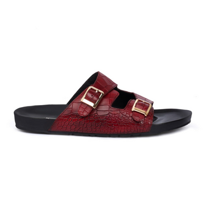 Boston Two Strap Adjustable Slippers in Dark Red Croco Deep Cut Leather Men's | Hides&Cult