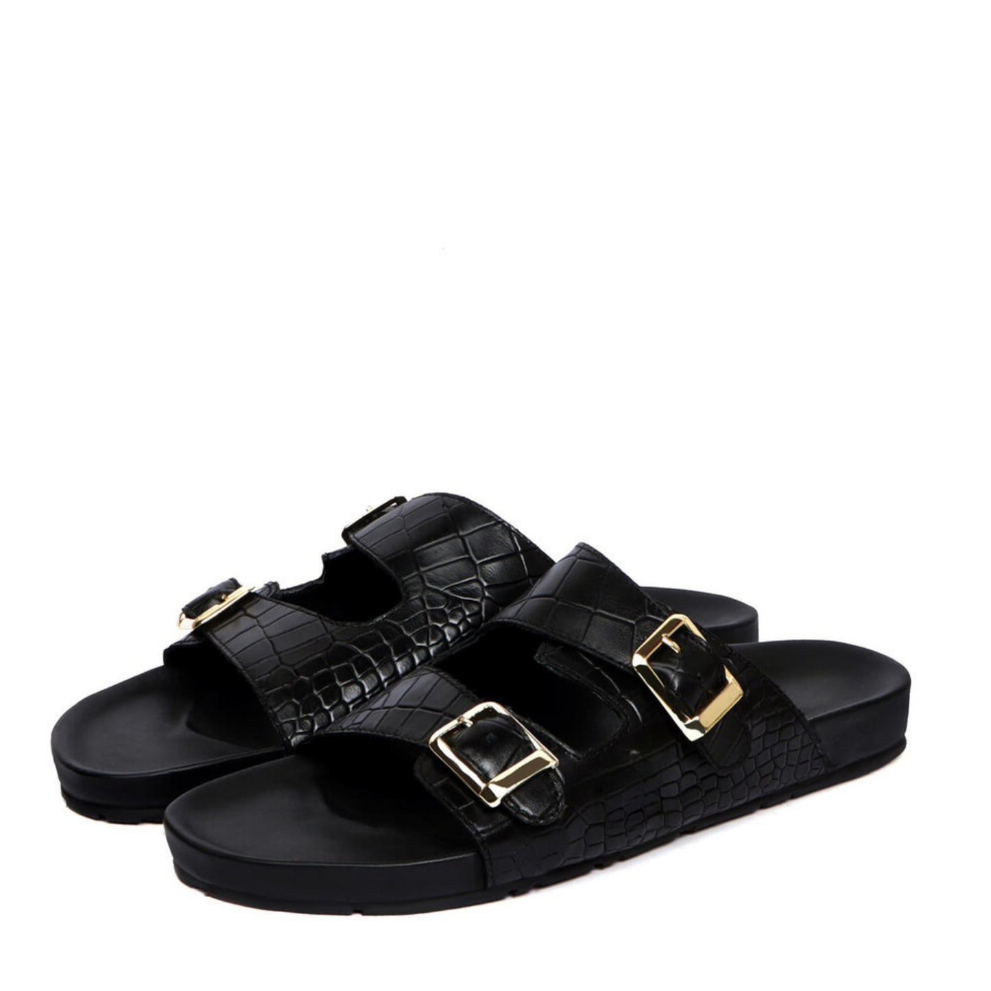 Boston Two Strap Adjustable Slippers in Black Croco Deep Cut Leather Men's | Hides&Cult