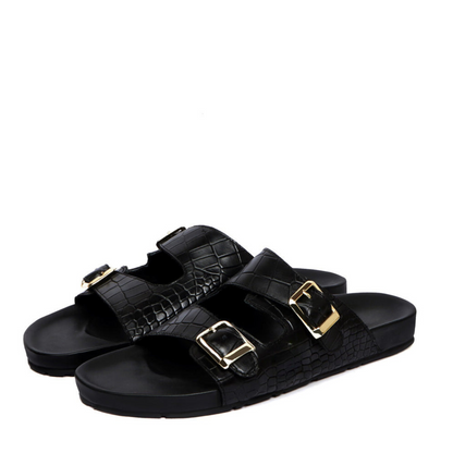 Boston Two Strap Adjustable Slippers in Black Croco Deep Cut Leather Men's | Hides&Cult