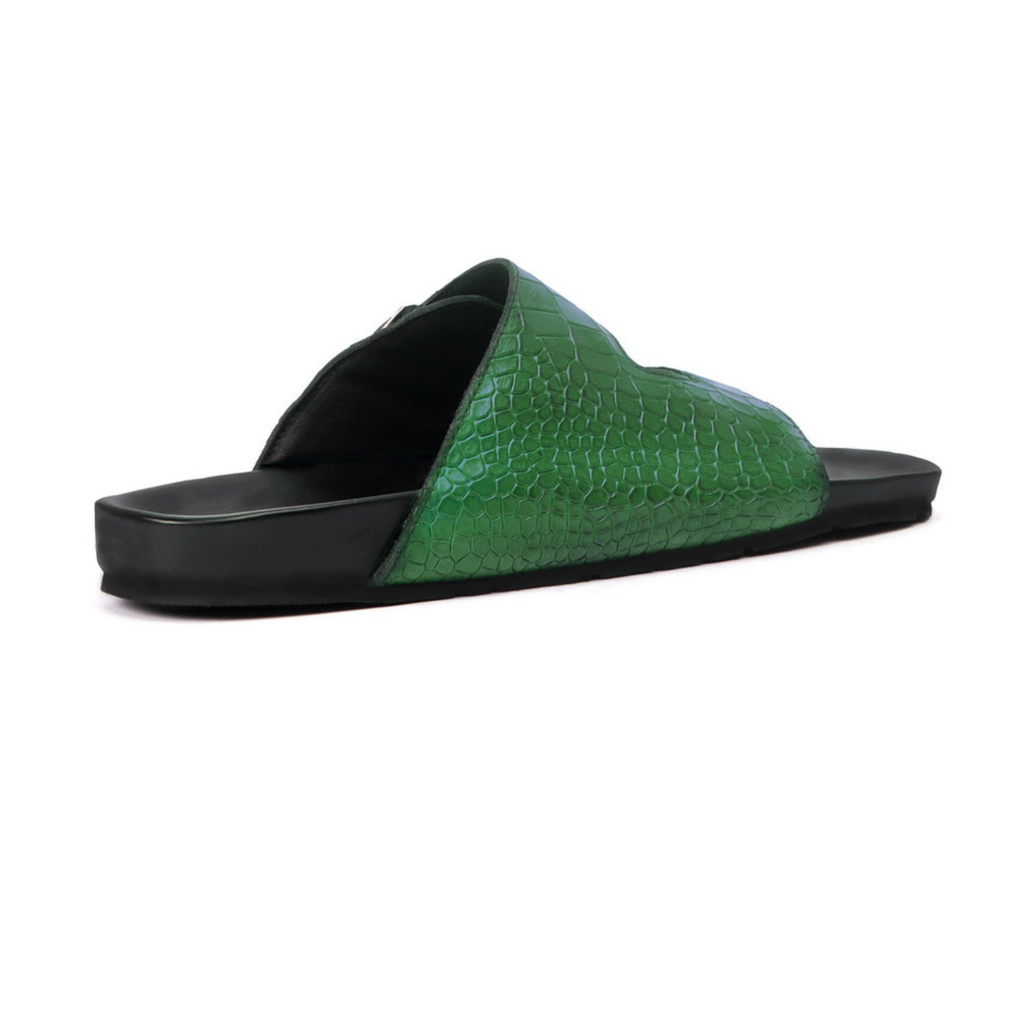 Boston Two Strap Adjustable Slippers in Cactus Green Croco Deep Cut Leather Men's | Hides&Cult