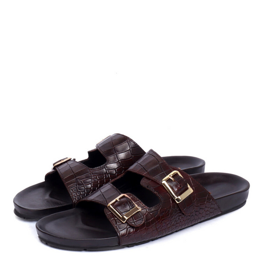 Boston Two Strap Adjustable Slippers in Rich Brown Croco Deep Cut Leather Men's | Hides&Cult