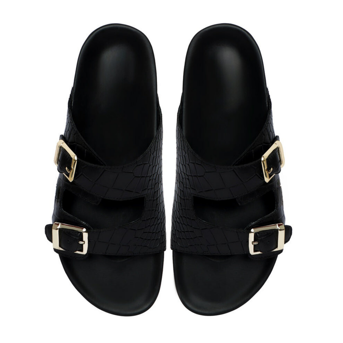 Boston Two Strap Adjustable Slippers in Black Croco Deep Cut Leather Men's | Hides&Cult