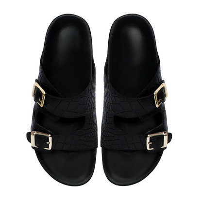 Boston Two Strap Adjustable Slippers in Black Croco Deep Cut Leather Men's | Hides&Cult
