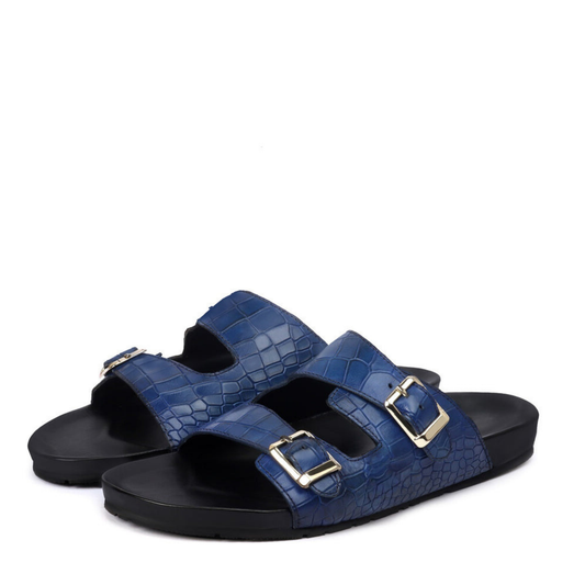Boston Two Strap Adjustable Slippers in Royal Blue Croco Deep Cut Leather Men's | Hides&Cult