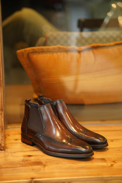 Brown Wing Brogue Side Stretch Leather Chelsea Boots | Hides&Cult