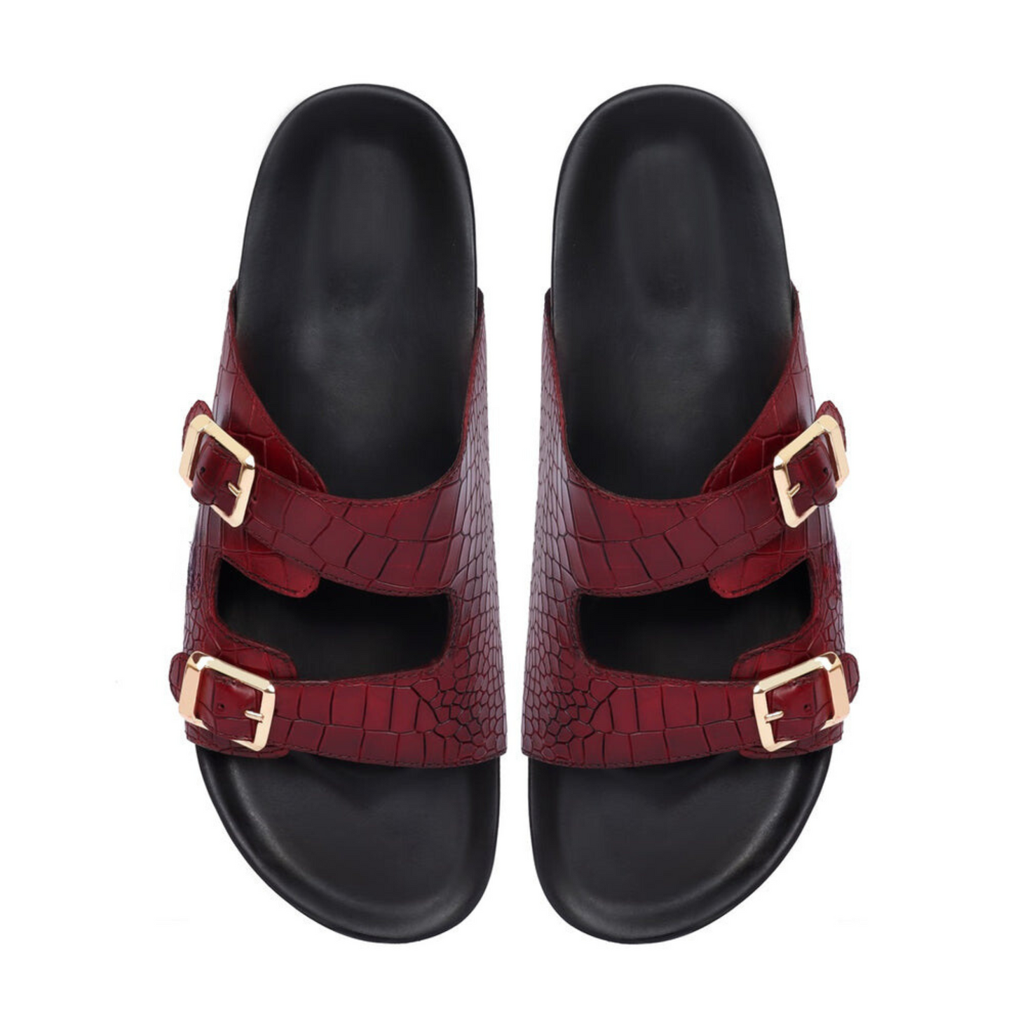 Boston Two Strap Adjustable Slippers in Dark Red Croco Deep Cut Leather Men's | Hides&Cult