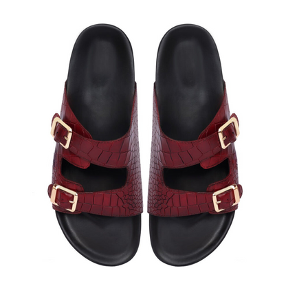 Boston Two Strap Adjustable Slippers in Dark Red Croco Deep Cut Leather Men's | Hides&Cult