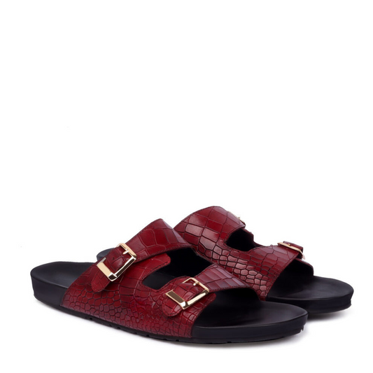 Boston Two Strap Adjustable Slippers in Dark Red Croco Deep Cut Leather Men's | Hides&Cult