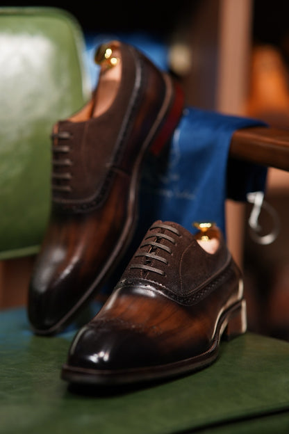 Patina Brown - Suede & Leather Brogue Derby Oxfords - Italian Square Toe | Hides&Cult