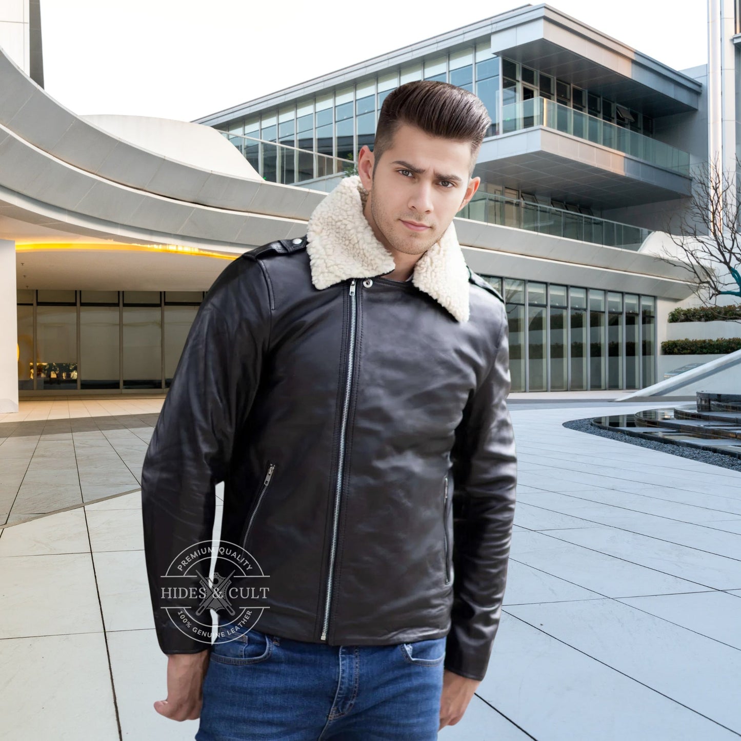Mens Black - White Furr Collar Motorcycle Biker Genuine Leather Jacket