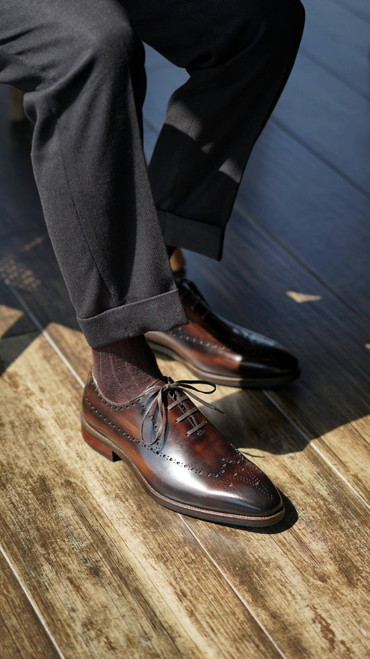 Hand Painted Dark Brown Patina Luxury Italian Brogue Shoes | Hides&Cult