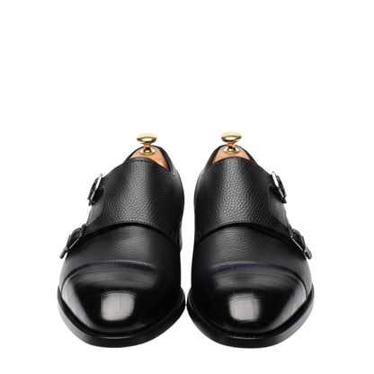Black Double Monk Strap Milled - Croc Two Tone Shoes - CLEARANCE EVENT