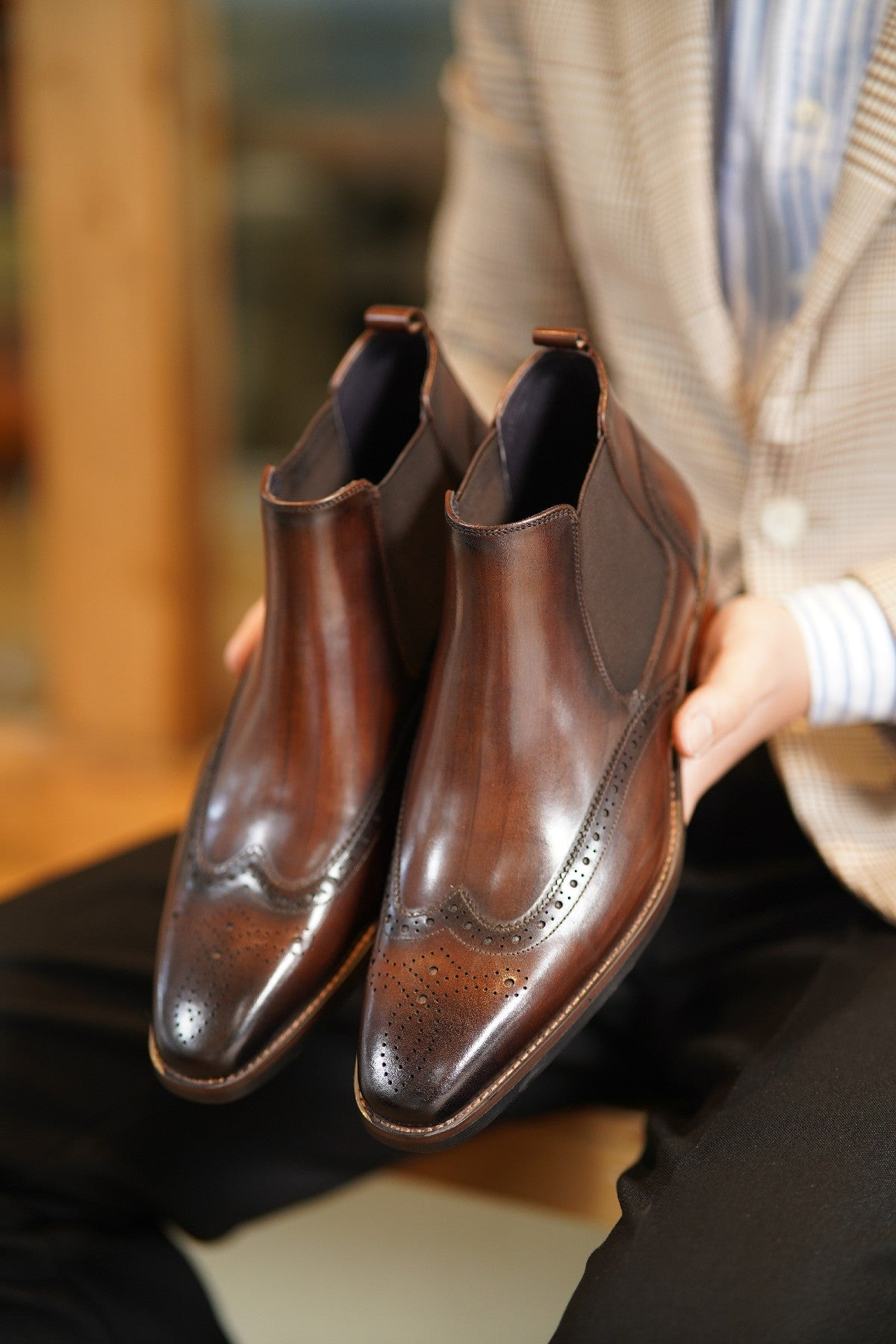 Brown Wing Brogue Side Stretch Leather Chelsea Boots | Hides&Cult