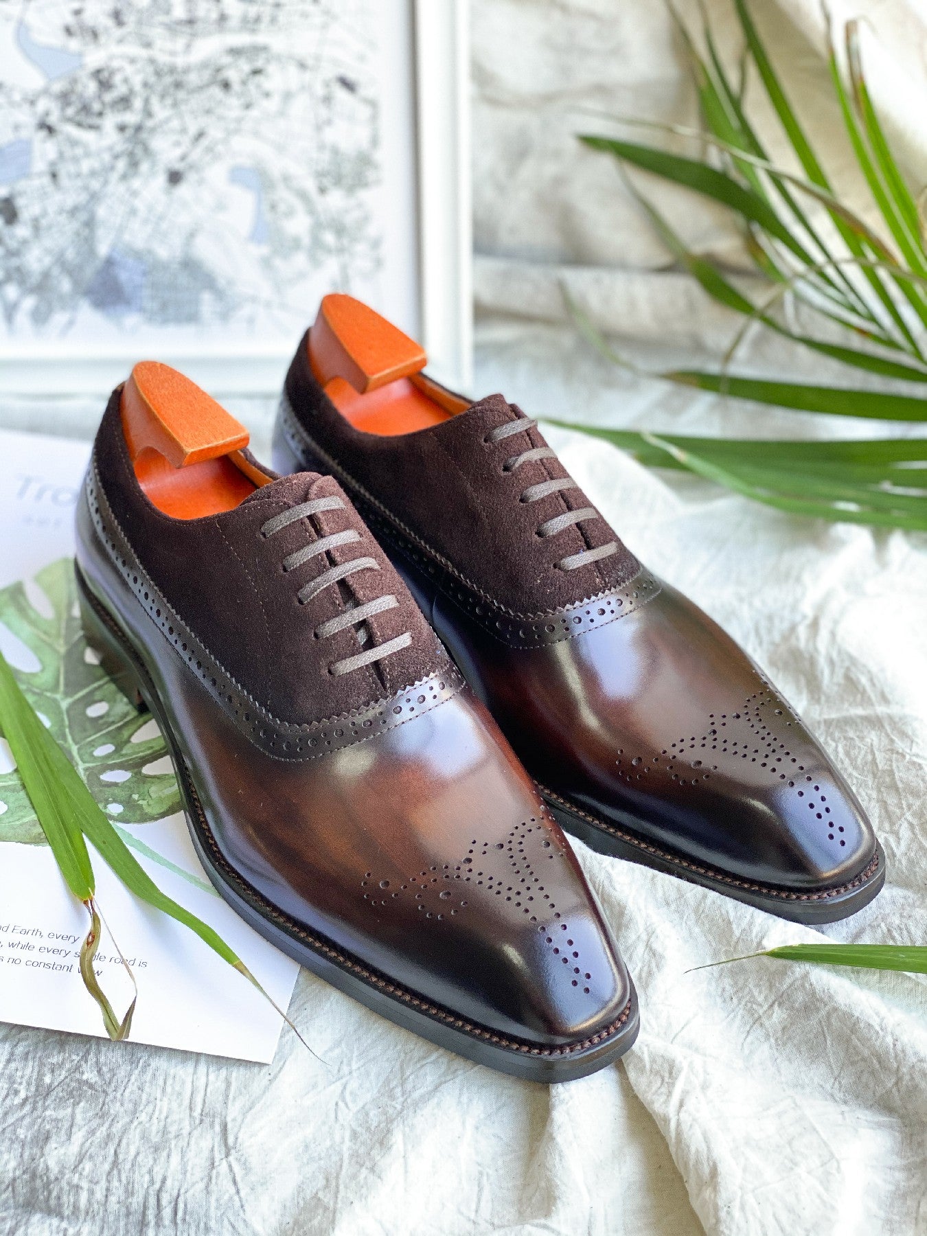 Patina Brown - Suede & Leather Brogue Derby Oxfords - Italian Square Toe | Hides&Cult