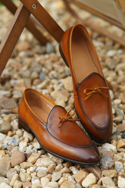 Tan Hand Painted Patina Casual Wedding Tassel Slip On Loafers | Hides&Cult