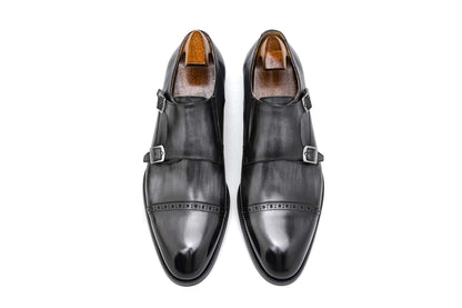 Grey Patina Double Monk Strap Shoes - Round Toe | Hides&Cult
