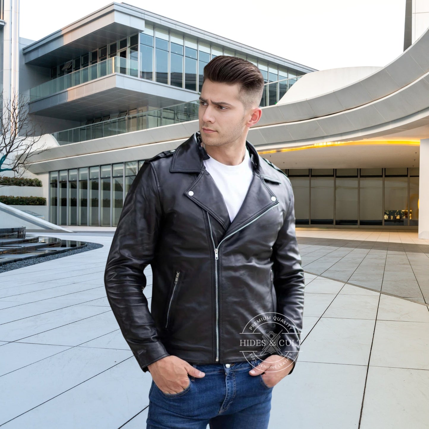 Mens Black - White Furr Collar Motorcycle Biker Genuine Leather Jacket
