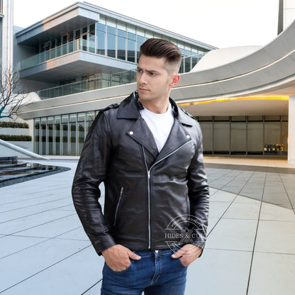Mens Black - White Furr Collar Motorcycle Biker Genuine Leather Jacket