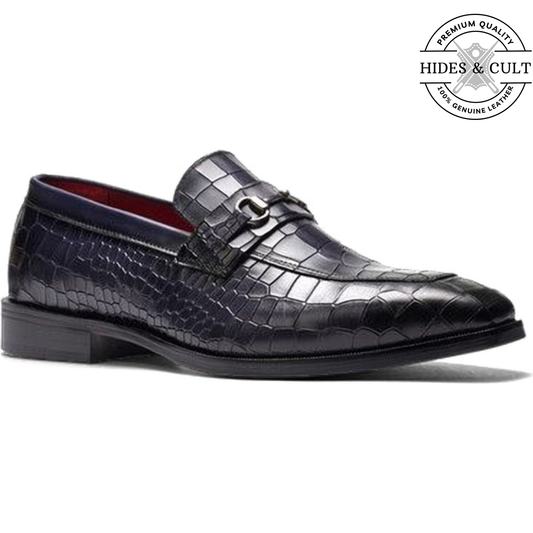 Black Croc Buckled Leather Moccasin Loafers - CLEARANCE EVENT