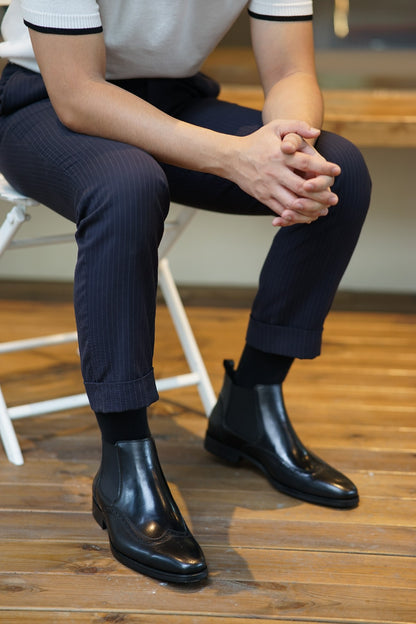 Black Wing Brogue Side Stretch Leather Chelsea Boots | Hides&Cult