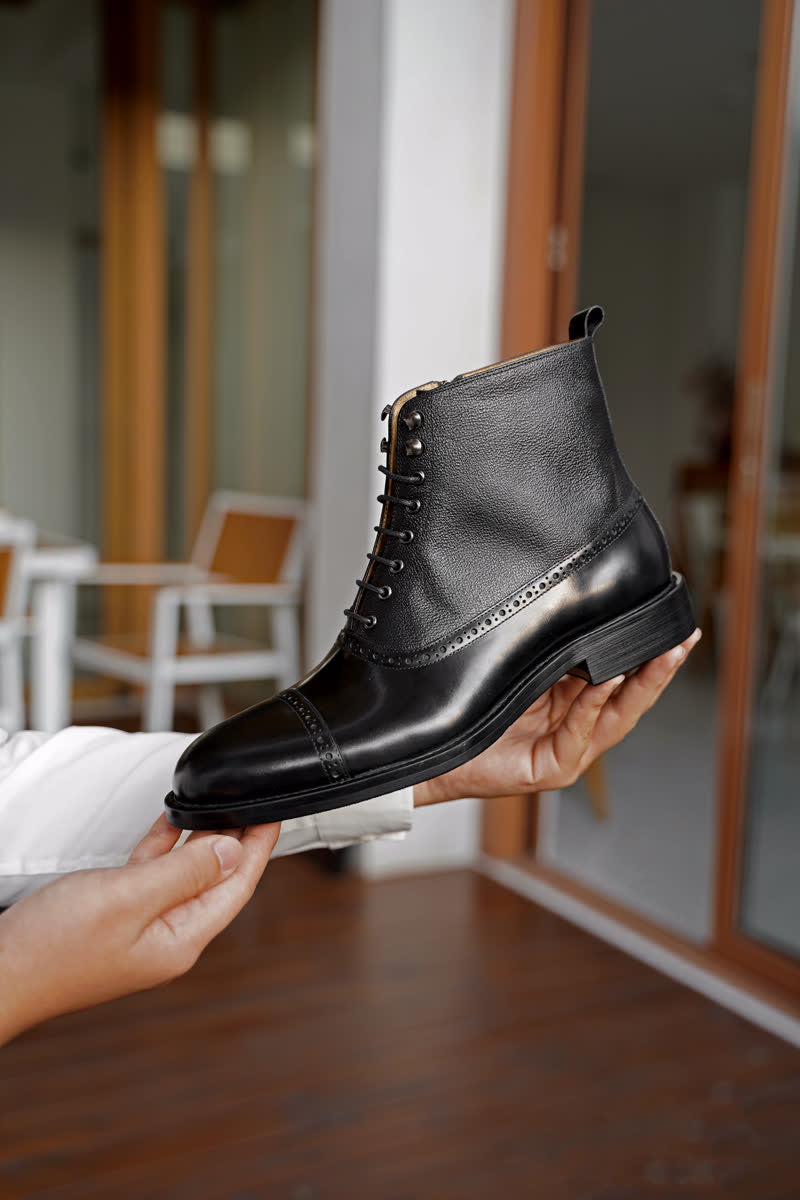 Black Lace Up Side Zip Military Style Leather Combat Boots | Hides&Cult