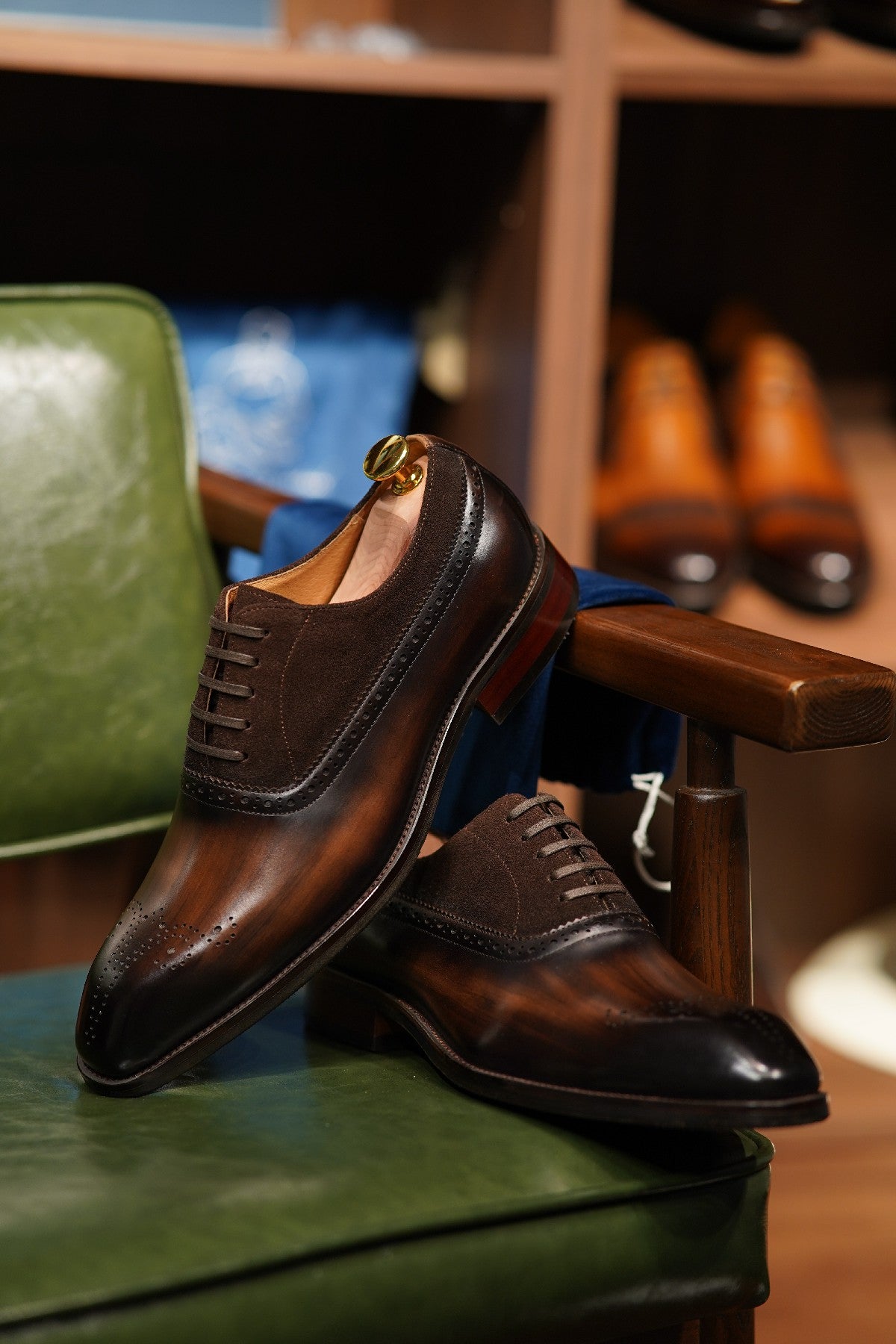 Patina Brown - Suede & Leather Brogue Derby Oxfords - Italian Square Toe | Hides&Cult