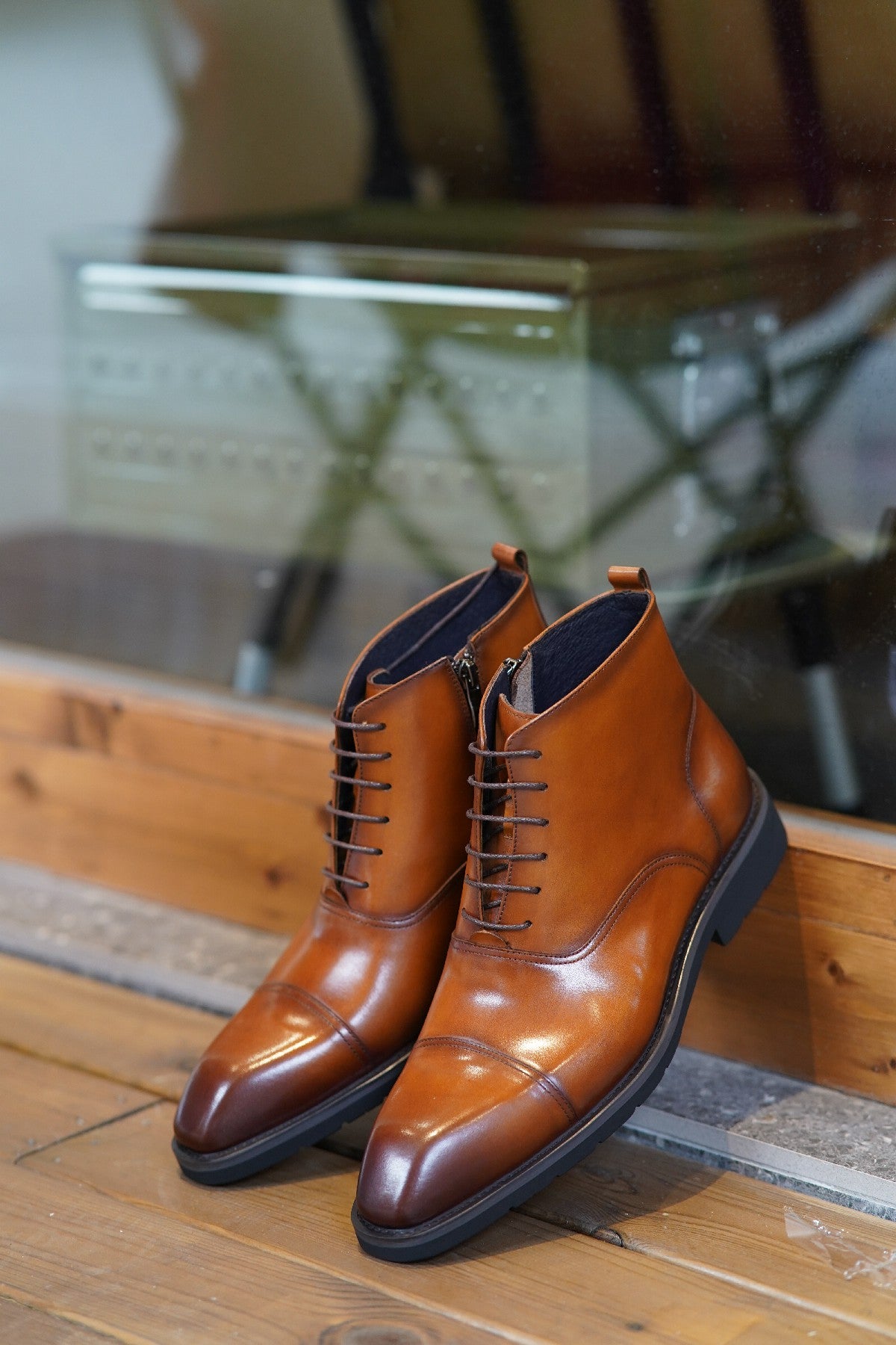 Tan Brown Mock Toe Side Zip Lace Up British Retro Style Leather Boots | Hides&Cult