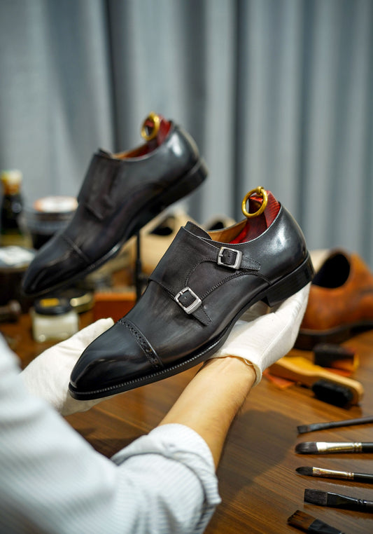 Grey Patina Double Monk Strap Shoes - Round Toe | Hides&Cult
