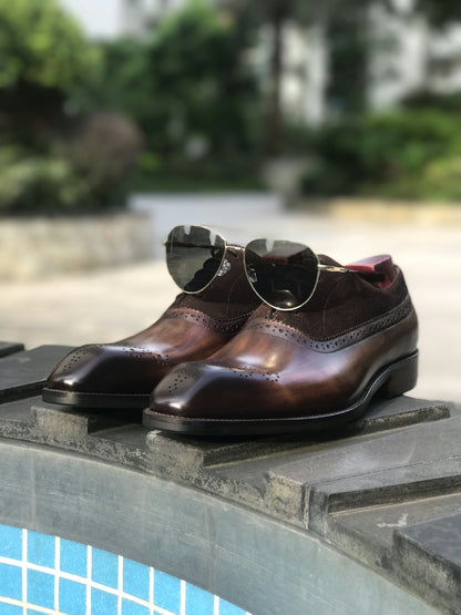 Patina Brown - Suede & Leather Brogue Derby Oxfords - Italian Square Toe | Hides&Cult