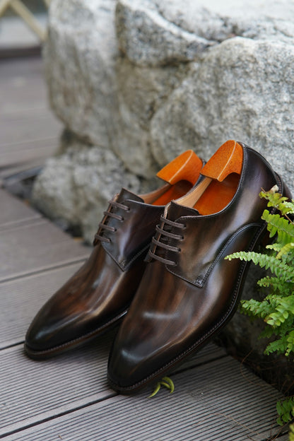 Dark Brown Patina Stroke Finish Effect Derby Lace Up Shoes - Pointed Toe | Hides&Cult