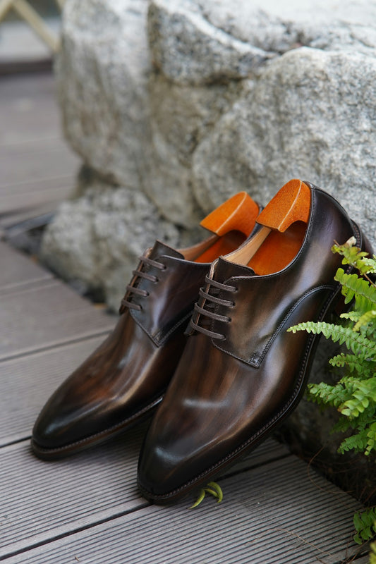 Dark Brown Patina Stroke Finish Effect Derby Lace Up Shoes - Pointed Toe | Hides&Cult