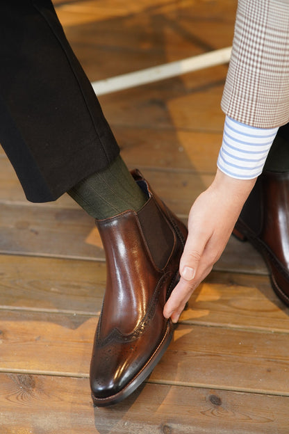 Brown Wing Brogue Side Stretch Leather Chelsea Boots | Hides&Cult