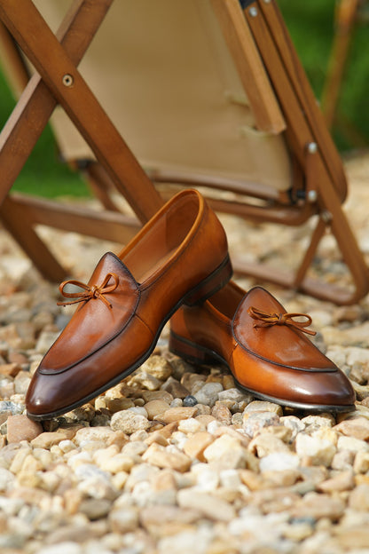 Tan Hand Painted Patina Casual Wedding Tassel Slip On Loafers | Hides&Cult