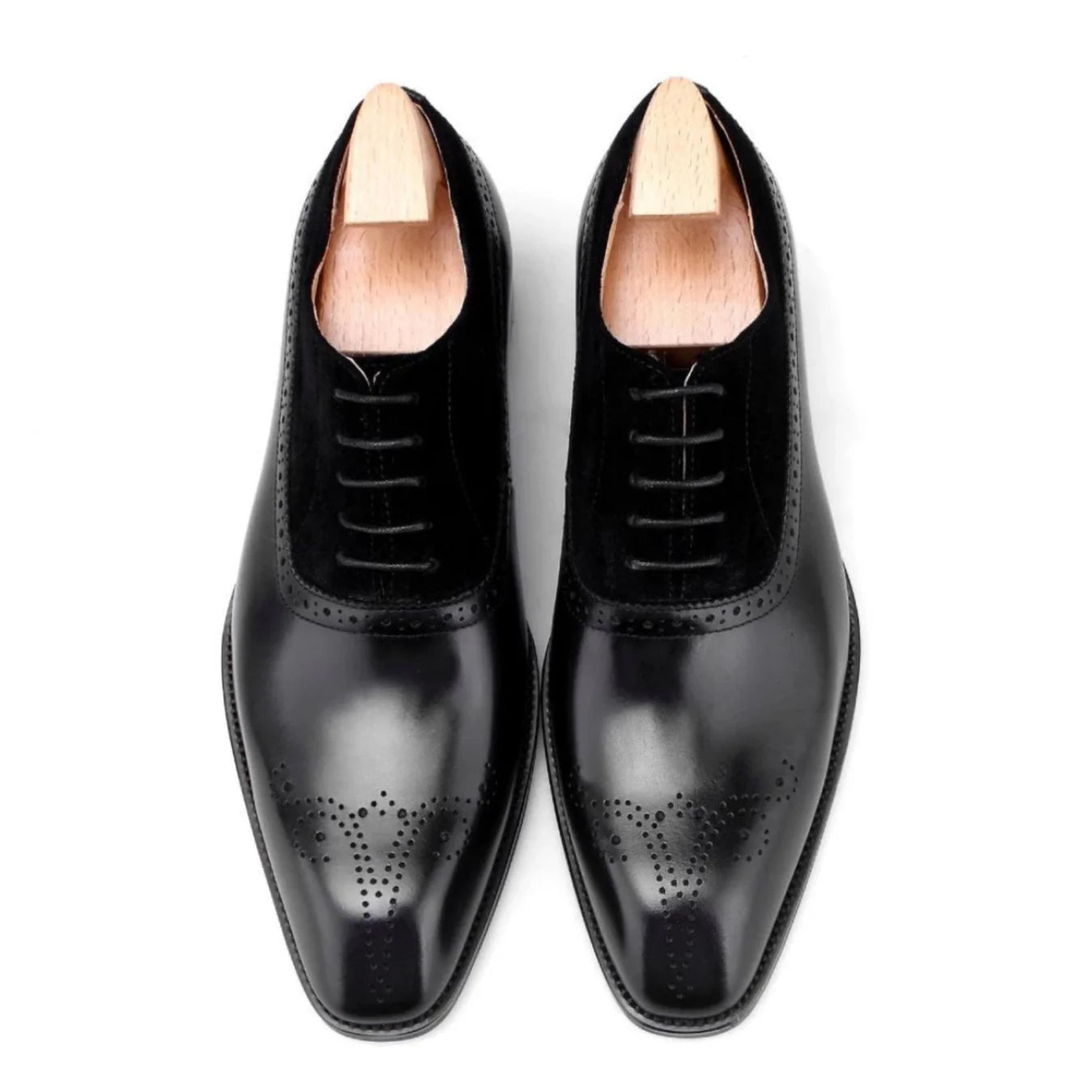 Black - Suede & Leather Brogue Derby Oxfords - Italian Square Toe | Hides&Cult